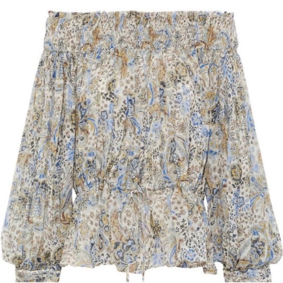 Redemption Tops - Redemption Silk Chiffon White Blue Beige Floral Print Paisley Smocked Blouse 8